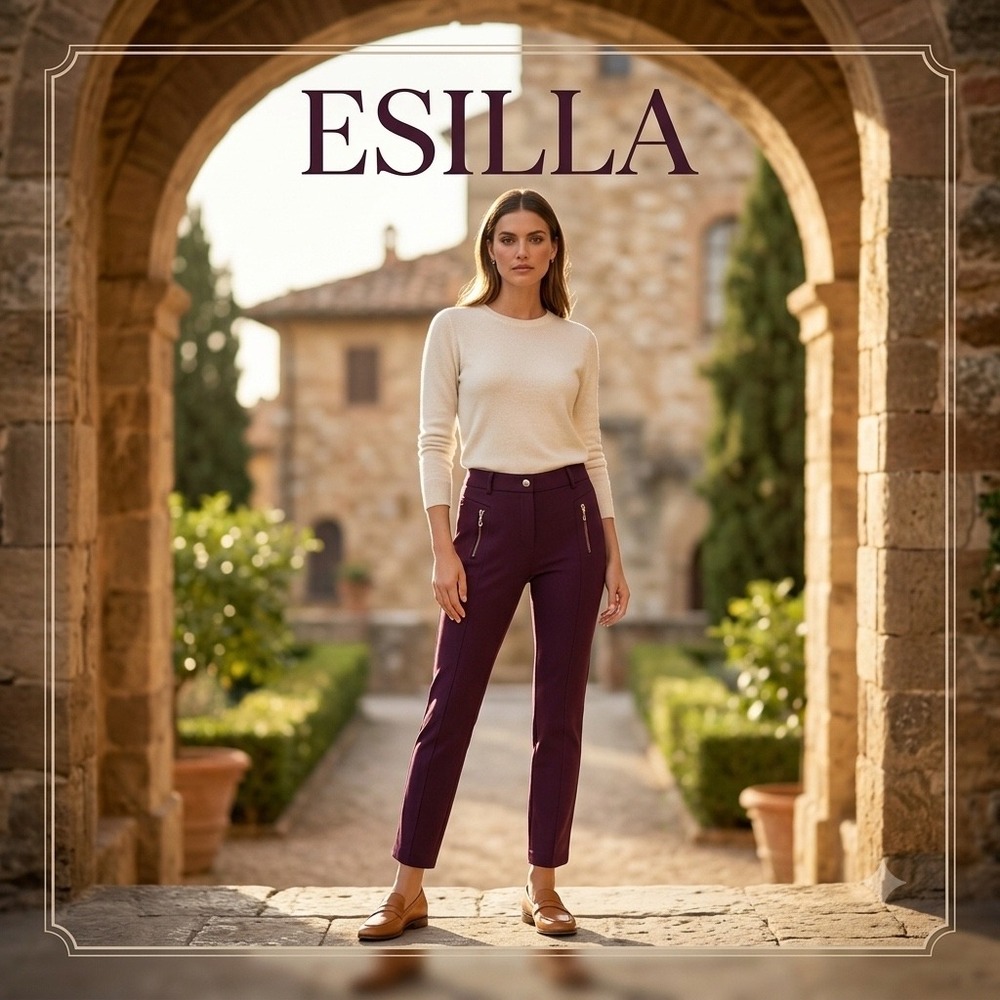 Esilla Women Plum Burgundy Crop Slim Fit Stretch Trousers Gold Zip Pockets Sz 6